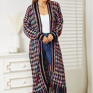 Multicolored Open Front Fringe Hem Cardigan